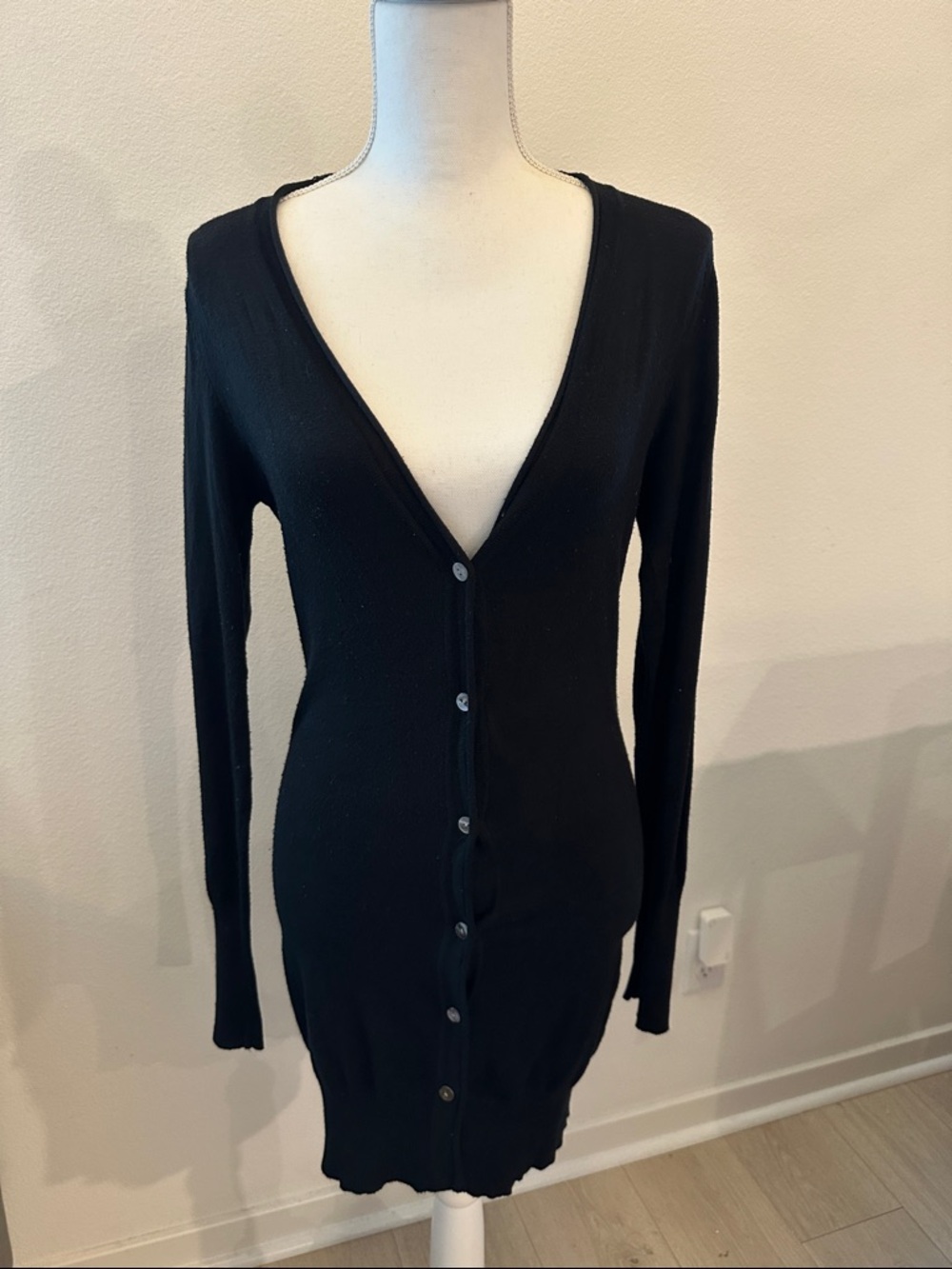 Small Sleek Black Longline Women's Cardigan - Button Front